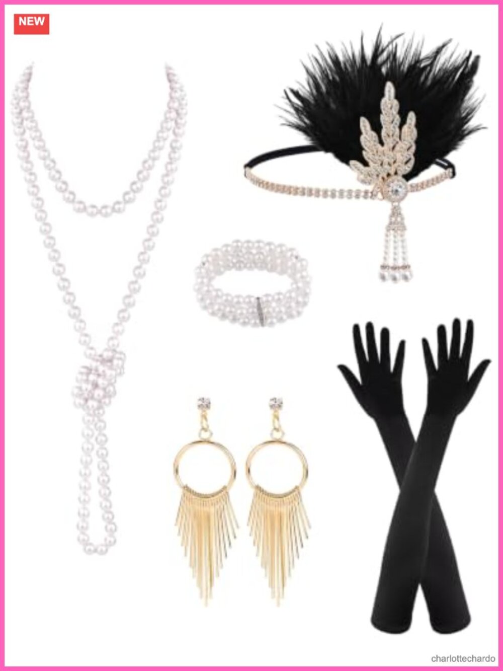 1920s Flapper Accessory Set Headband Gloves Pearl Jewelry